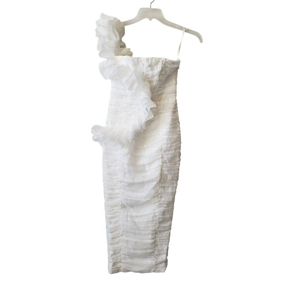 Eliya the Label White Ruched Ruffle Strap Vanuatu Midi Dress Bride Bachelorette - Picture 4 of 15